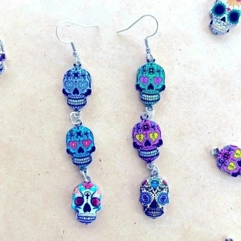 Sugar Skull Dia de los Muertos Mixed Style Drop Earrings Handmade